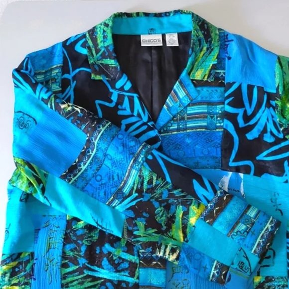 Chico's 3/4 Sleeve Silk-Linen Blend Button Down Jacket, Turquoise / Black - Picture 4 of 10